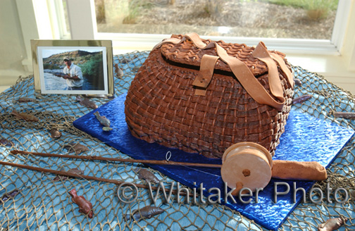 Creel basket, fly rod & chocolate fish are completely edible.  Basket is covered with buttercream icing.  Accent pieces are sugar paste.
